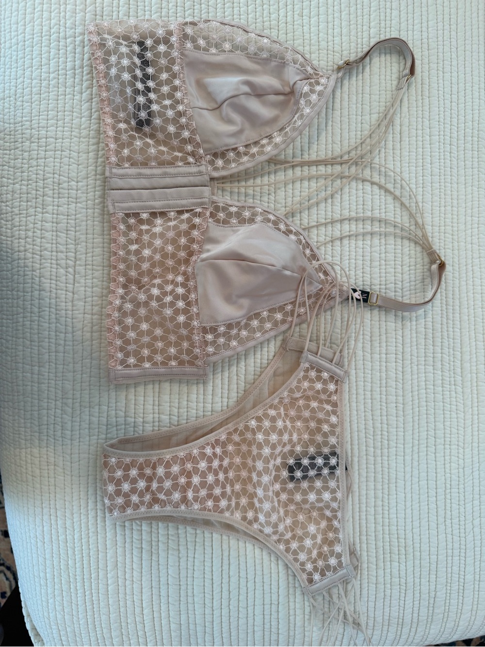 Victorias Secret Sheer Floral Lace Bralette & Bikini Set - Nude